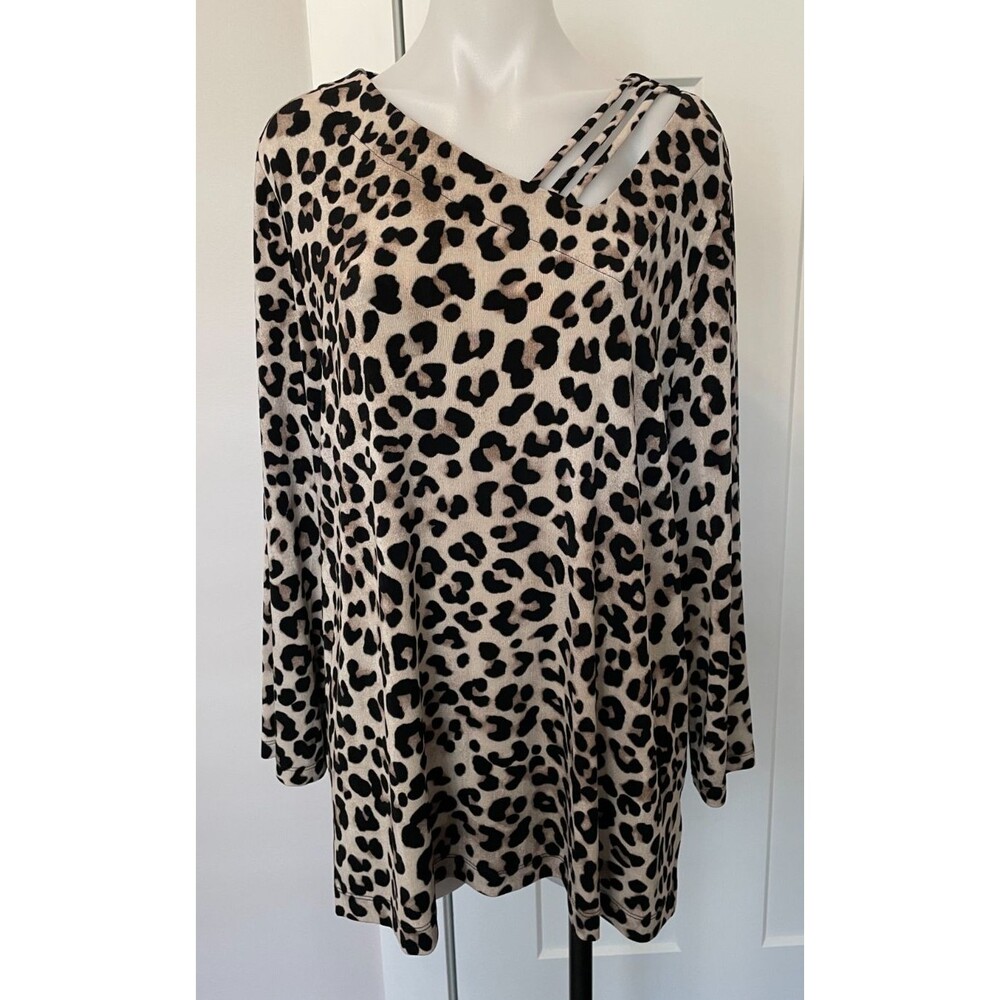 CHICOS Travelers Womens TOP Long Sleeve BROWN Black Animal Print Sz 4 (XXL) NWT